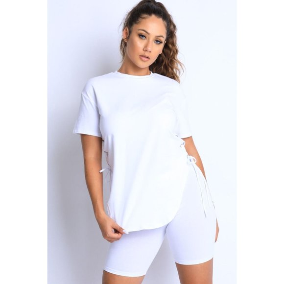 Boutique Tops - Women's White Short Sleeve Crew Neck Side Tie Pointed Top And Shorts Set S, M, L